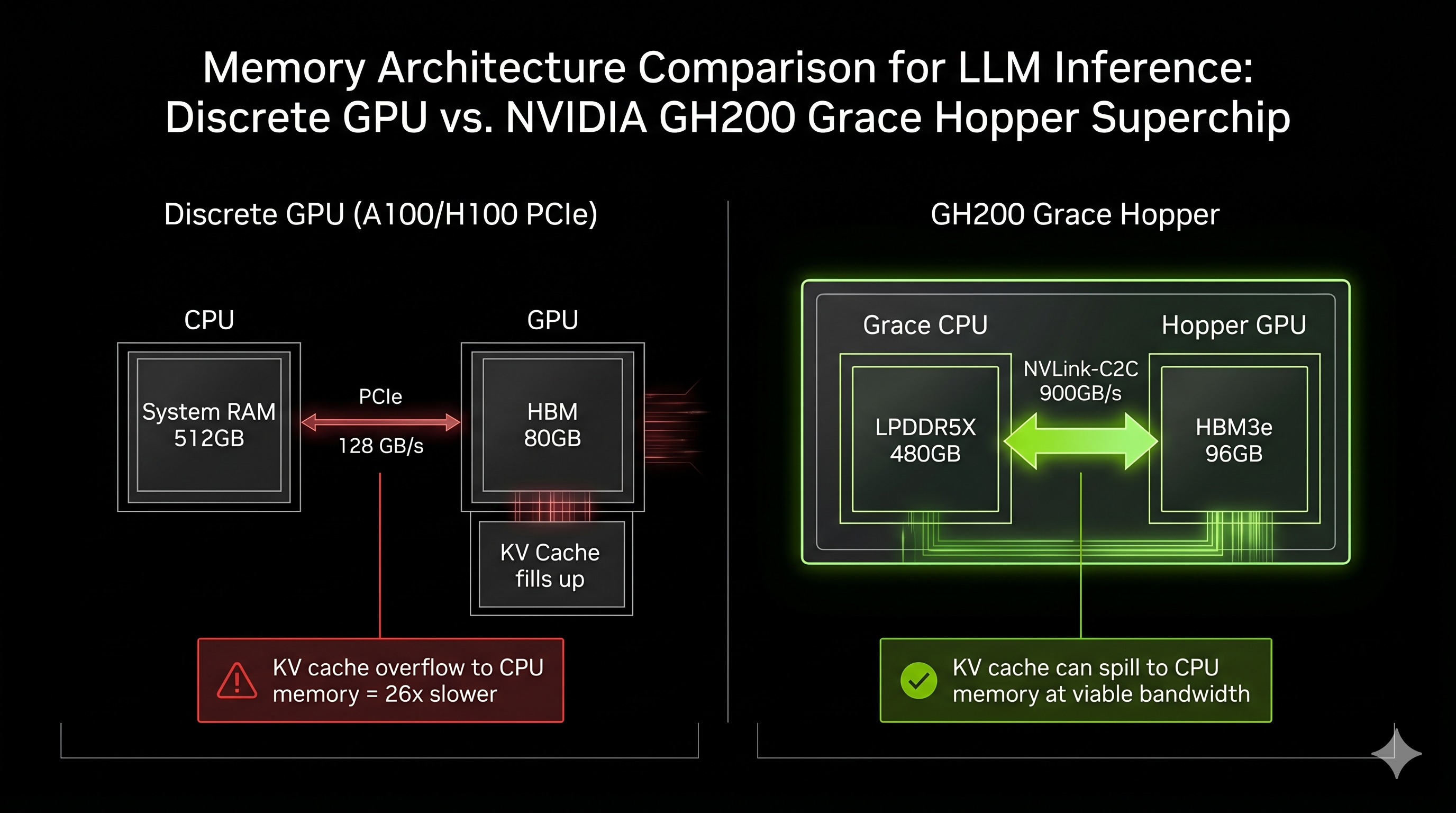 Memory architecture comparison for LLM inference — discrete GPU PCIe vs GH200 NVLink-C2C