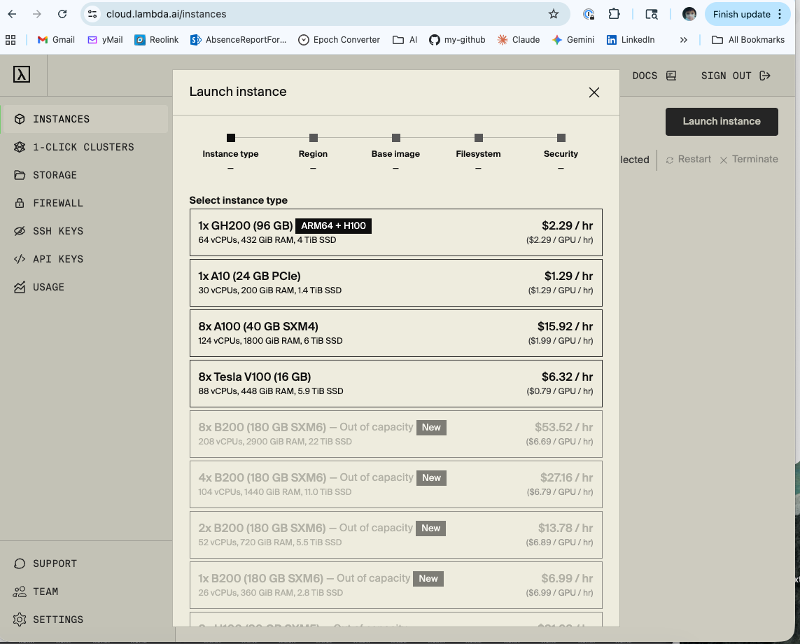 Lambda Labs Launch Instance dialog showing available GPU types — GH200 at $2.29/hr highlighted, B200 instances showing Out of capacity