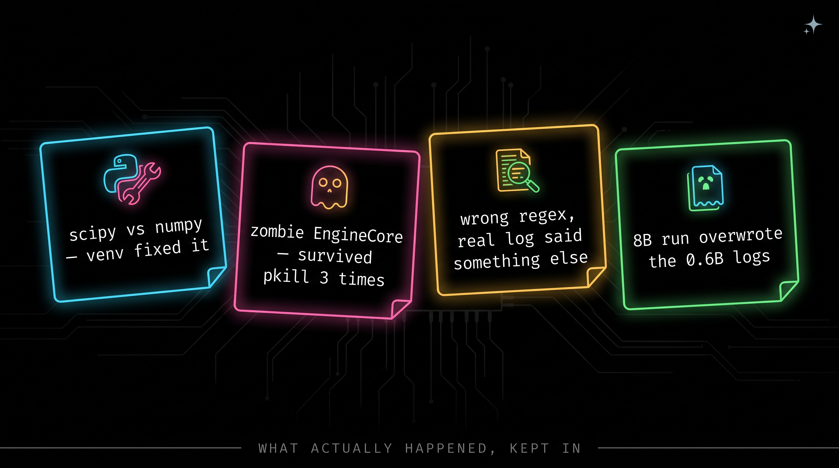 Four sticky notes: scipy vs numpy, venv fixed it; zombie EngineCore, survived pkill 3 times; wrong regex, real log said something else; 8B run overwrote the 0.6B logs