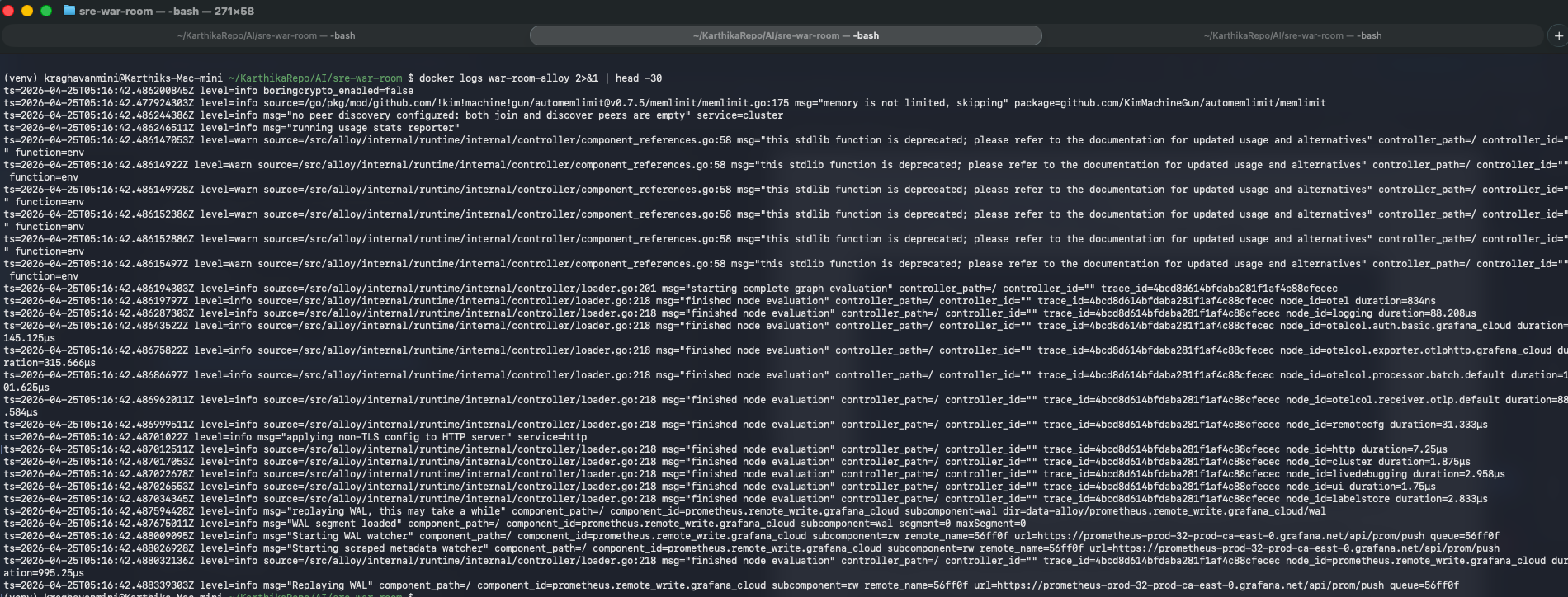 Grafana Alloy Docker logs showing OTLP receivers starting on ports 4317 and 4318