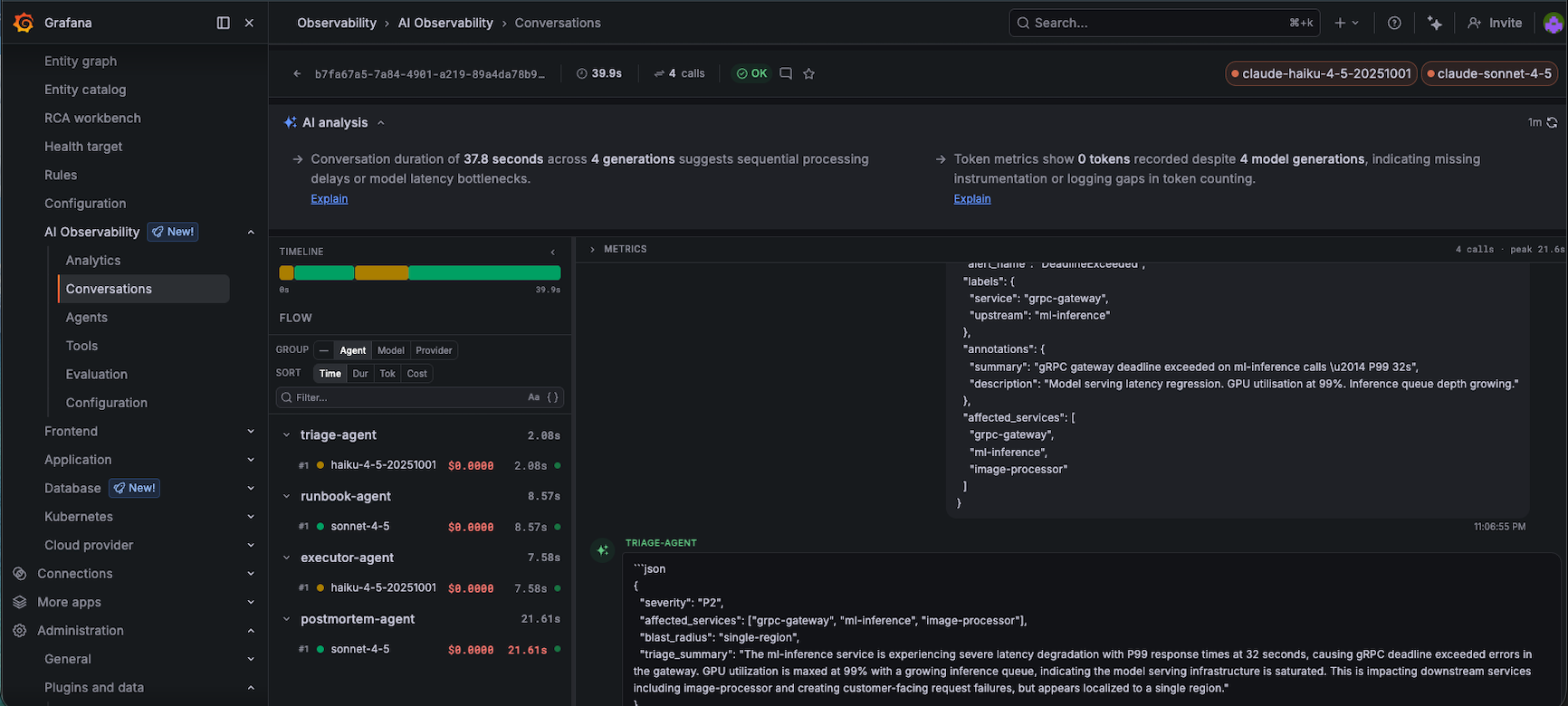 Single conversation drilldown showing triage-agent, runbook-agent, executor-agent, postmortem-agent with per-agent timing