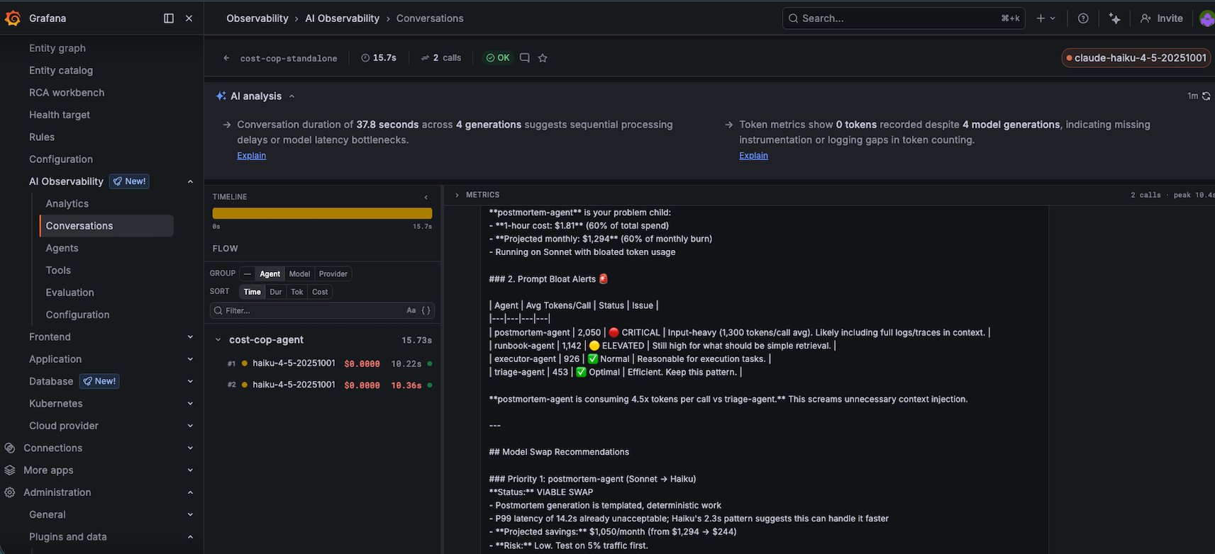 Cost-cop agent conversation thread in Grafana showing FinOps analysis with model swap recommendations