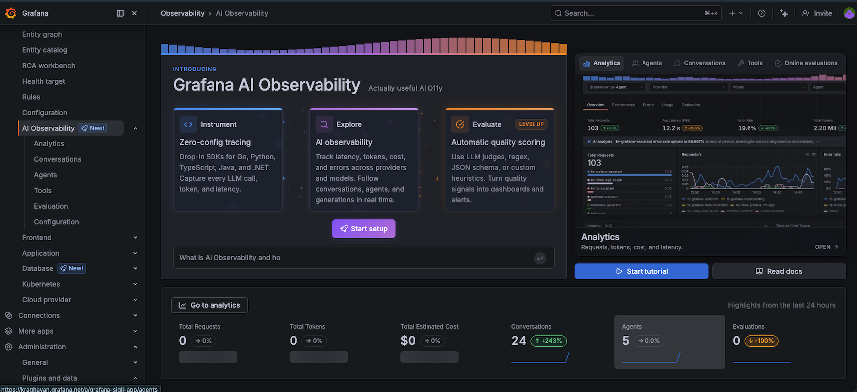Grafana AI Observability landing page showing 24 conversations and 5 agents