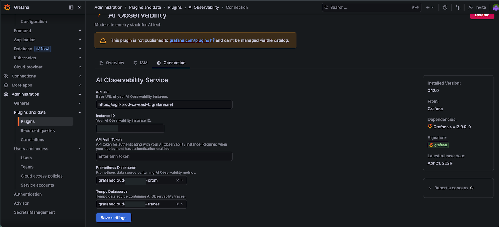 AI Observability plugin configuration page showing sigil-prod-ca-east-0.grafana.net endpoint